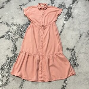 Side Stitch Pink Shirt Dress Sz S Button Front Tie Waist Midi Casual Lightweight
